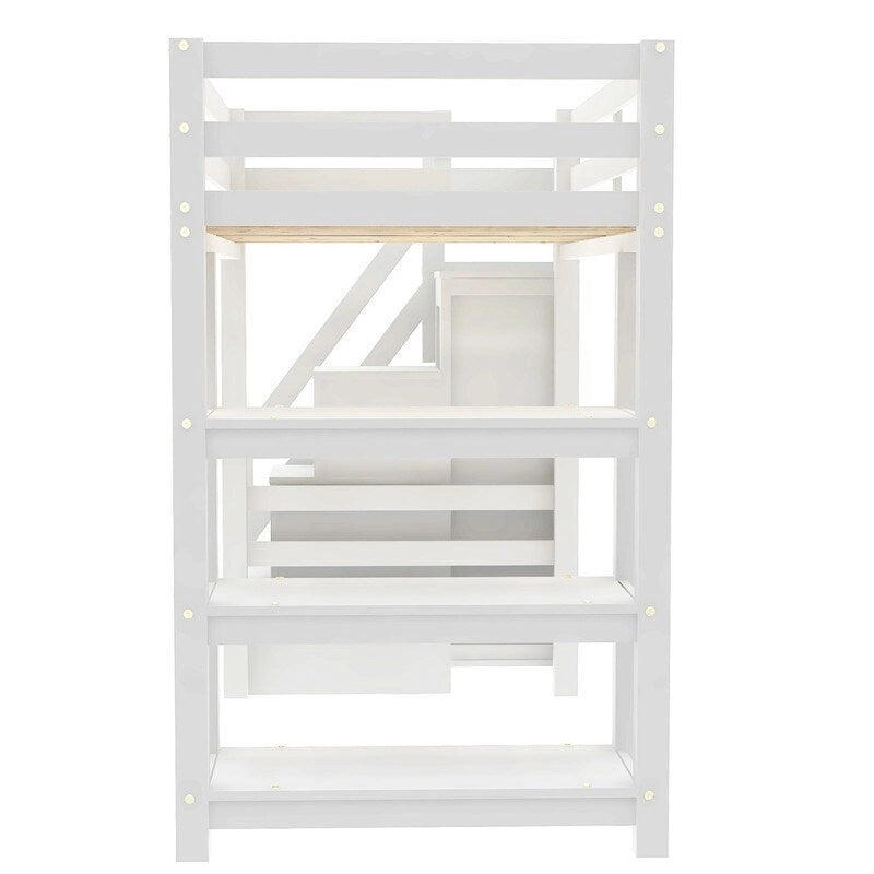 Lit mezzanine double/grand format avec petite armoire et escalier de rangement, cadre de lit mezzanine en bois massif avec lumière LED et étagères de rangement