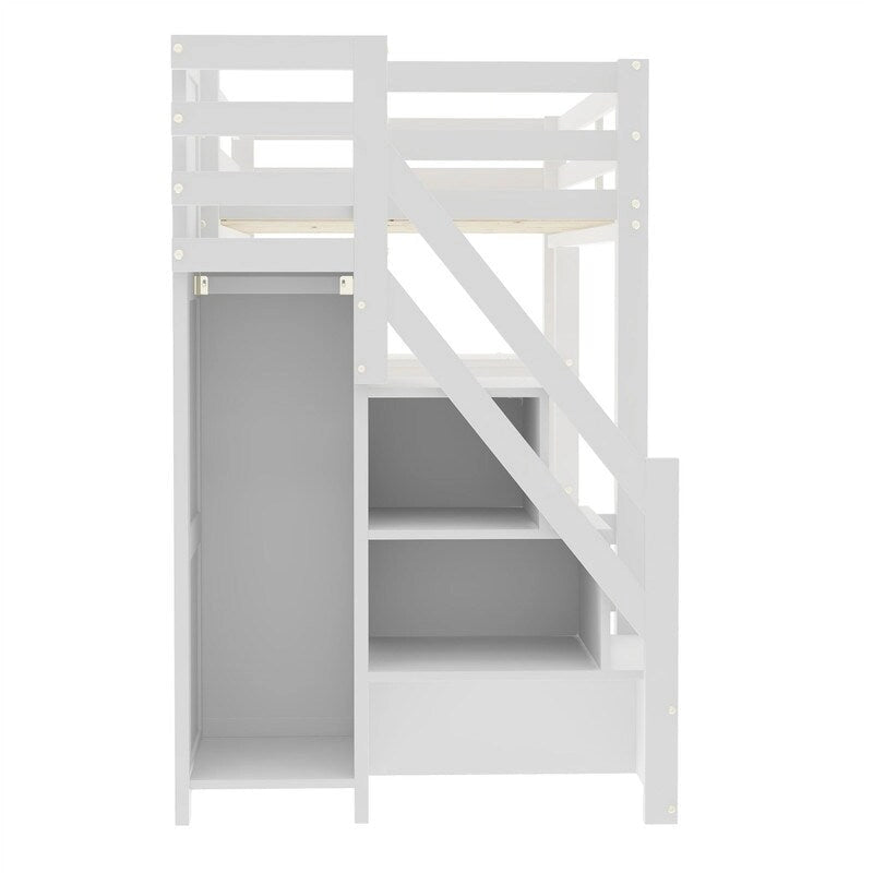 Lit mezzanine double/grand format avec petite armoire et escalier de rangement, cadre de lit mezzanine en bois massif avec lumière LED et étagères de rangement