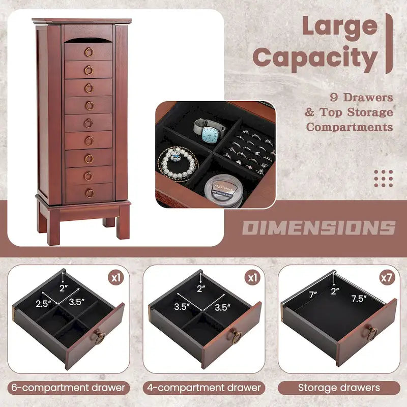 Meuble à bijoux en bois Armoire Boîte de rangement Coffre Support Organiseur - 10.5 X16 X40