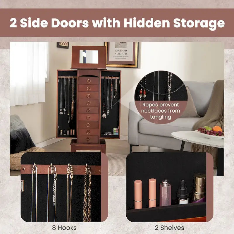 Meuble à bijoux en bois Armoire Boîte de rangement Coffre Support Organiseur - 10.5 X16 X40