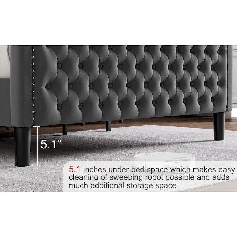 Lit plateforme King Size moderne en velours avec tête de lit capitonnée pour chambre à coucher