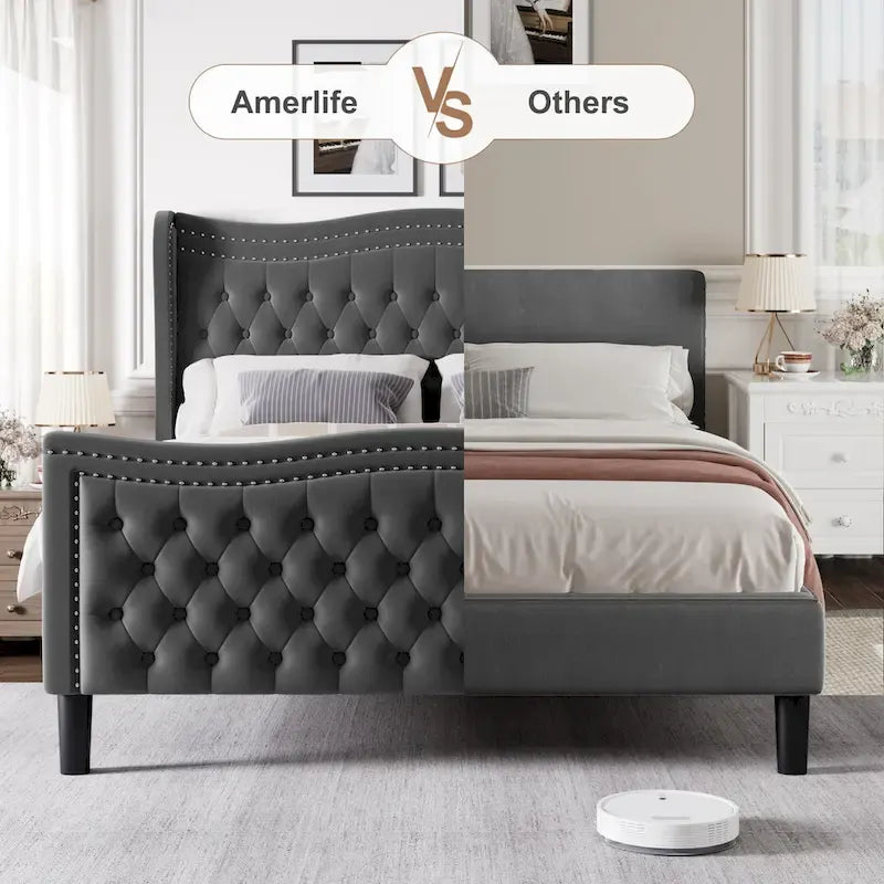 Lit plateforme King Size moderne en velours avec tête de lit capitonnée pour chambre à coucher