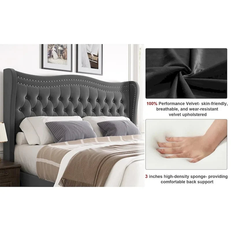 Lit plateforme King Size moderne en velours avec tête de lit capitonnée pour chambre à coucher