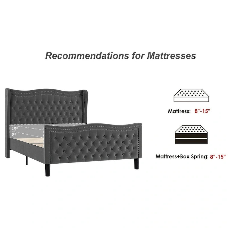 Lit plateforme King Size moderne en velours avec tête de lit capitonnée pour chambre à coucher
