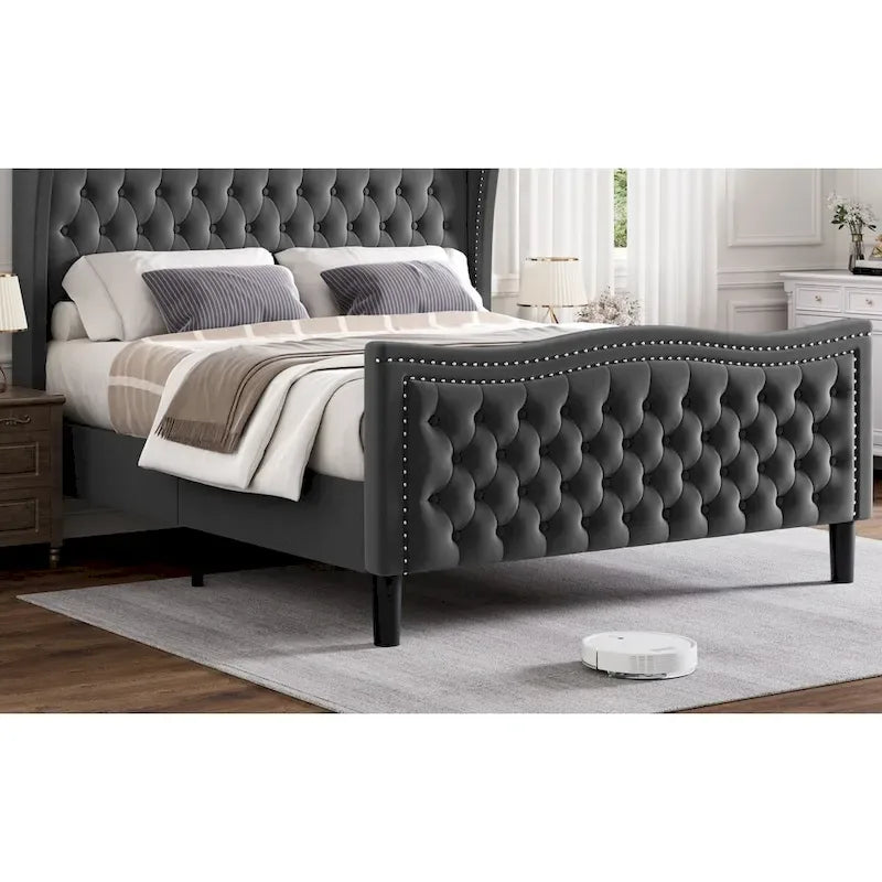Lit plateforme King Size moderne en velours avec tête de lit capitonnée pour chambre à coucher