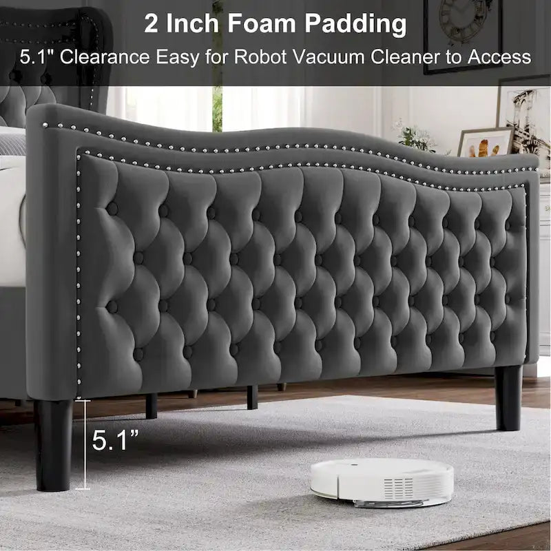 Lit plateforme King Size moderne en velours avec tête de lit capitonnée pour chambre à coucher