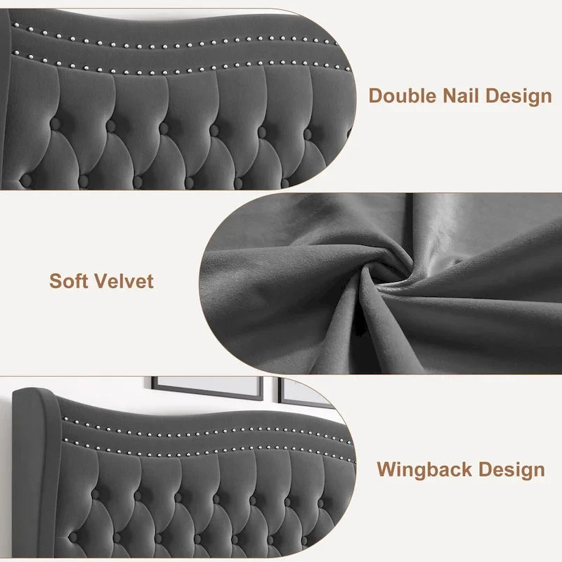 Lit plateforme King Size moderne en velours avec tête de lit capitonnée pour chambre à coucher