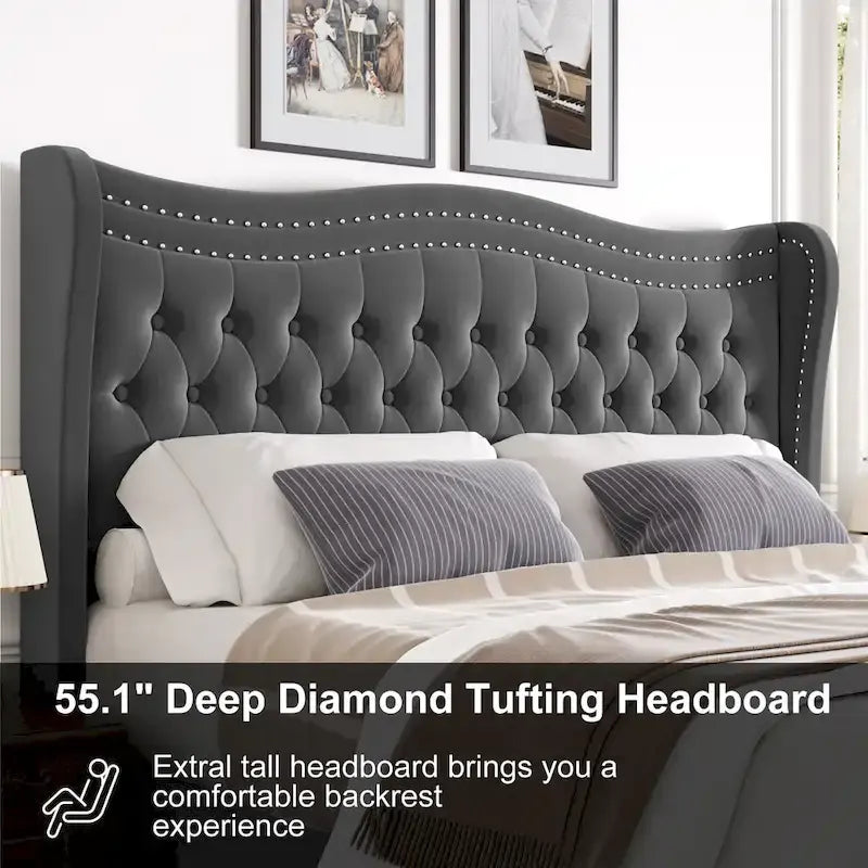 Lit plateforme King Size moderne en velours avec tête de lit capitonnée pour chambre à coucher