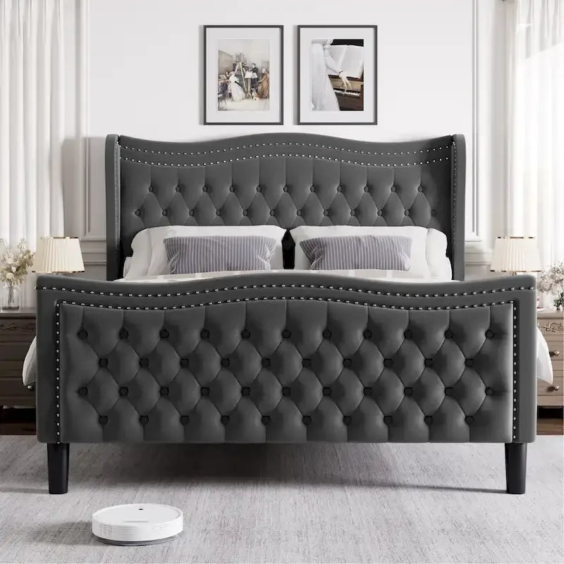 Lit plateforme King Size moderne en velours avec tête de lit capitonnée pour chambre à coucher