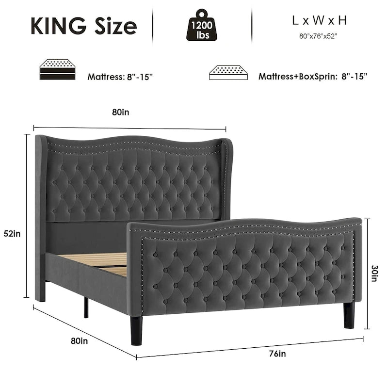 Lit plateforme King Size moderne en velours avec tête de lit capitonnée pour chambre à coucher