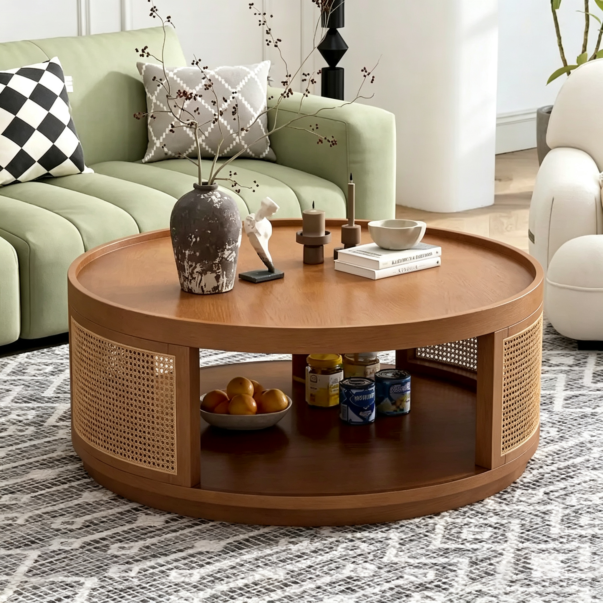 Table basse ronde en rotin avec côtés en rotin