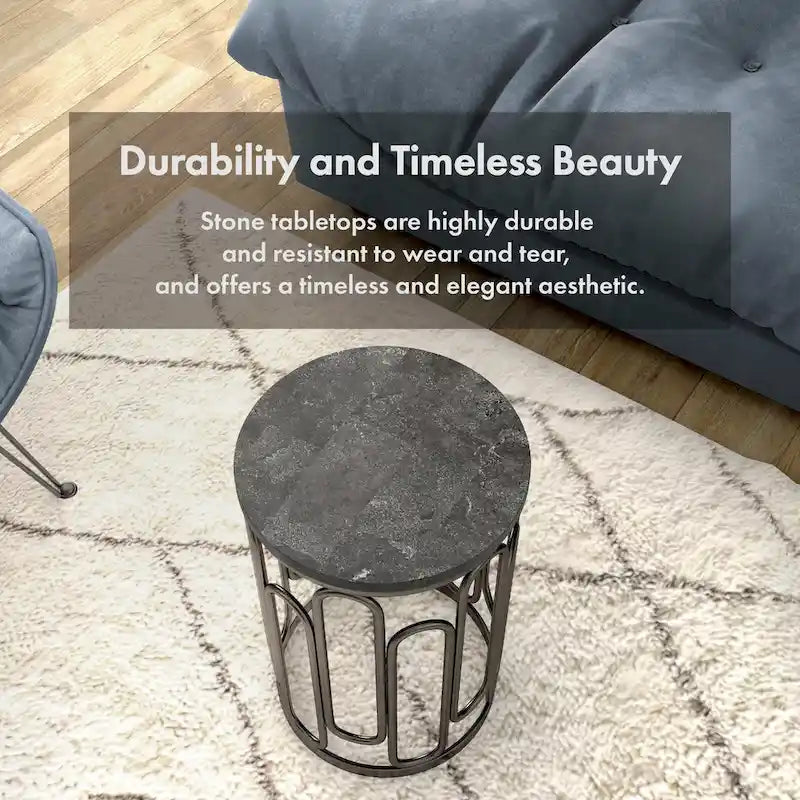 Petite table d'appoint ronde moderne avec plateau en marbre, base décorative en métal robuste