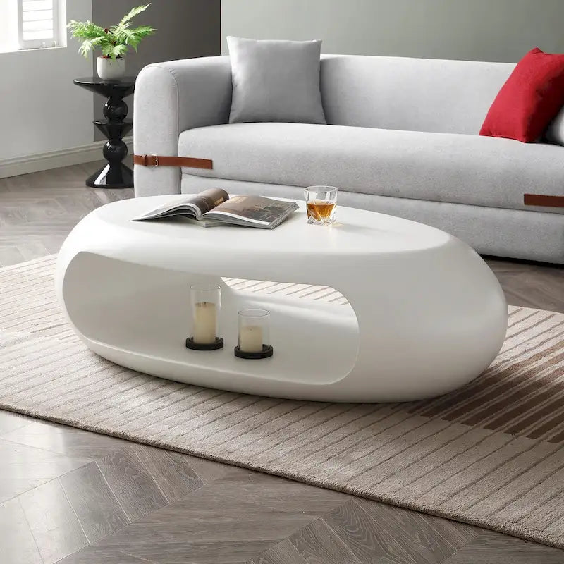 Table basse contemporaine ovale plate creuse, table d'appoint de rangement, noir et blanc