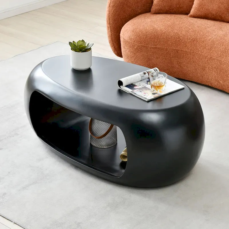Table basse contemporaine ovale plate creuse, table d'appoint de rangement, noir et blanc