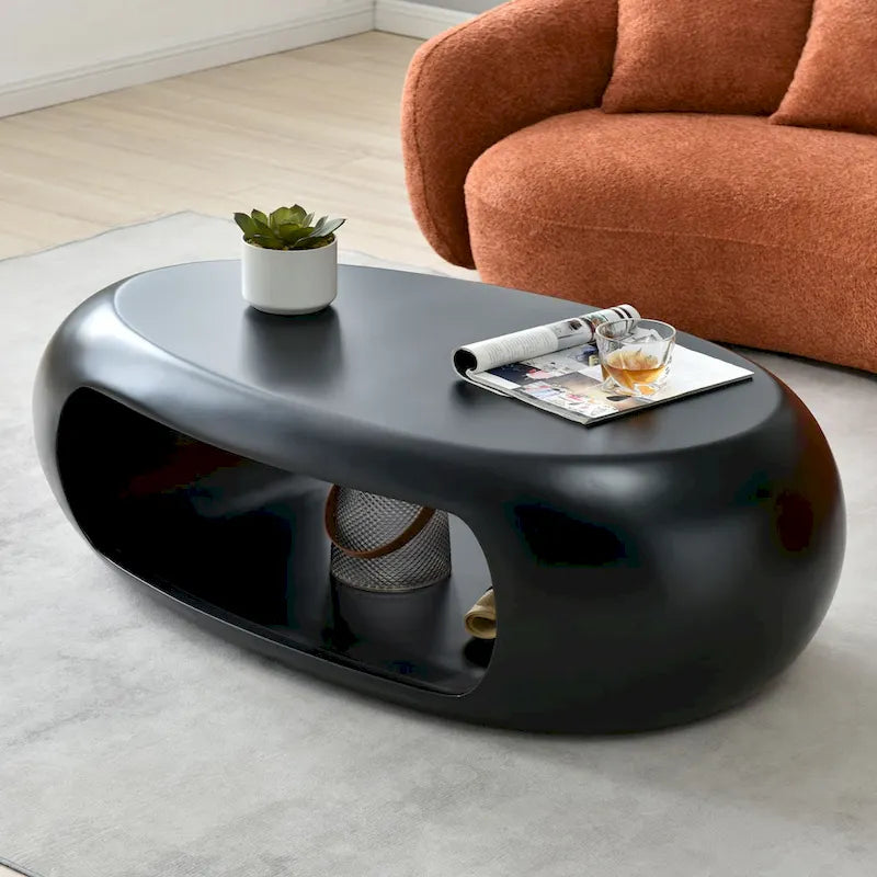 Table basse contemporaine ovale plate creuse, table d'appoint de rangement, noir et blanc