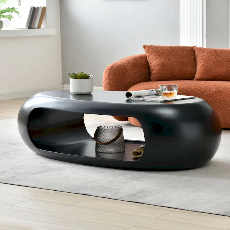 Table basse contemporaine ovale plate creuse, table d'appoint de rangement, noir et blanc