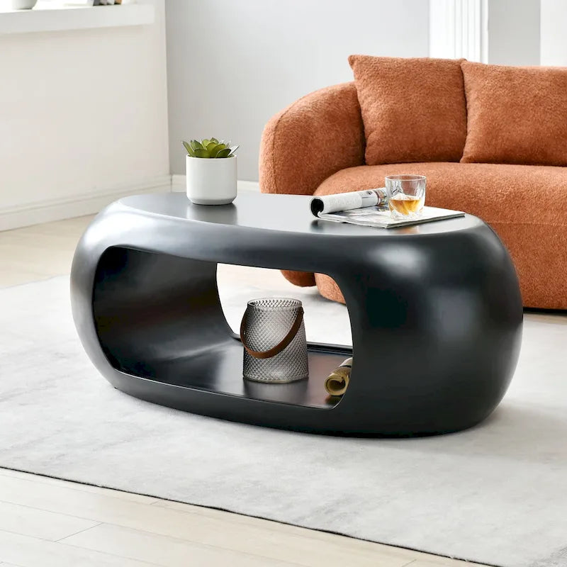 Table basse contemporaine ovale plate creuse, table d'appoint de rangement, noir et blanc