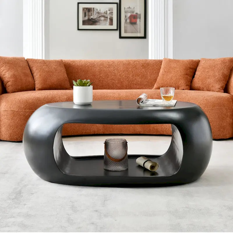 Table basse contemporaine ovale plate creuse, table d'appoint de rangement, noir et blanc
