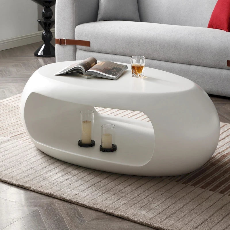Table basse contemporaine ovale plate creuse, table d'appoint de rangement, noir et blanc
