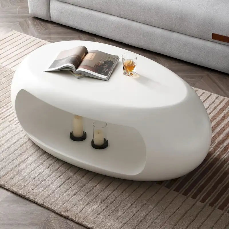 Table basse contemporaine ovale plate creuse, table d'appoint de rangement, noir et blanc