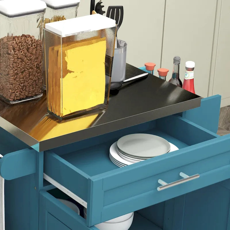 Îlot de cuisine à roulettes, Desserte de cuisine roulante avec comptoir en acier inoxydable, tiroir, gris