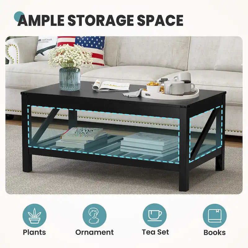 Table basse de salon avec étagère de rangement, Table centrale de canapé - 102 cm (L) x 56 cm (P) x 46 cm (H)