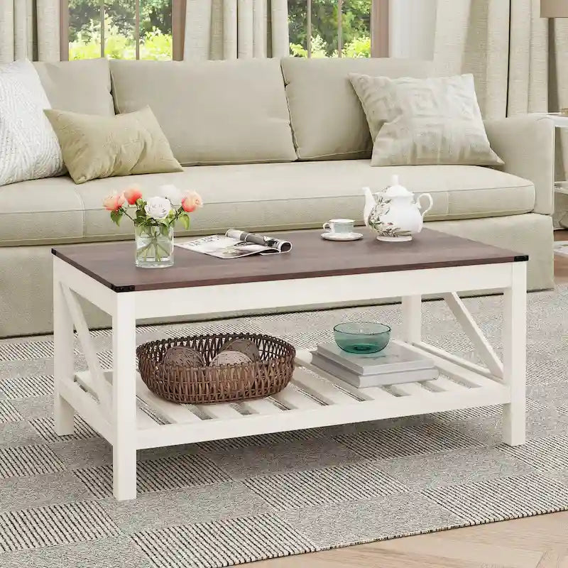 Table basse de salon avec étagère de rangement, Table centrale de canapé - 102 cm (L) x 56 cm (P) x 46 cm (H)