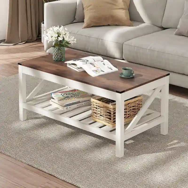 Table basse de salon avec étagère de rangement, Table centrale de canapé - 102 cm (L) x 56 cm (P) x 46 cm (H)