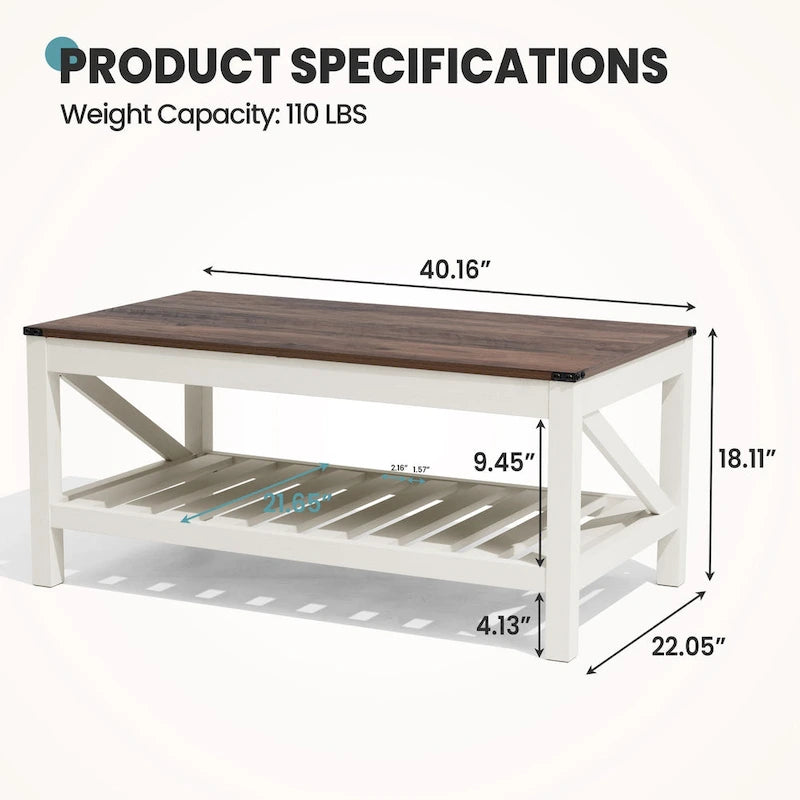 Table basse de salon avec étagère de rangement, Table centrale de canapé - 102 cm (L) x 56 cm (P) x 46 cm (H)