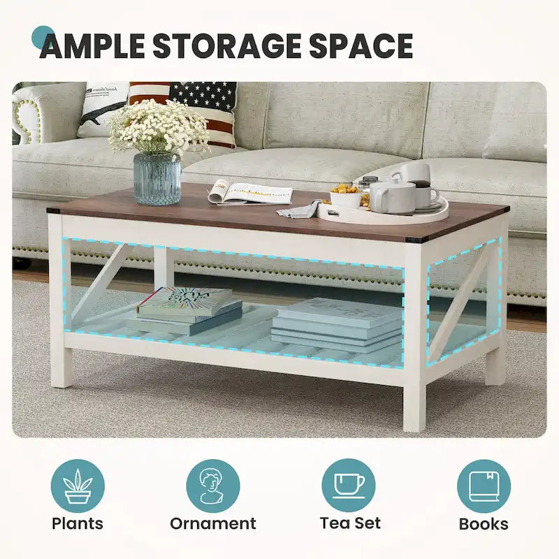 Table basse de salon avec étagère de rangement, Table centrale de canapé - 102 cm (L) x 56 cm (P) x 46 cm (H)