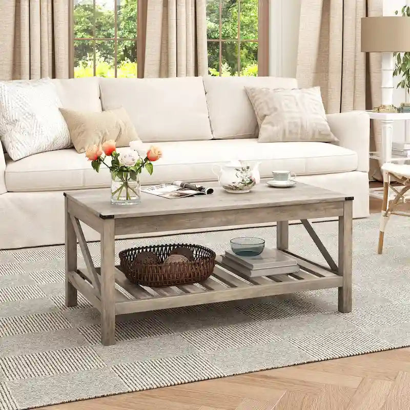 Table basse de salon avec étagère de rangement, Table centrale de canapé - 102 cm (L) x 56 cm (P) x 46 cm (H)