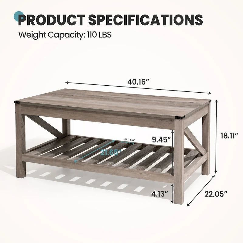 Table basse de salon avec étagère de rangement, Table centrale de canapé - 102 cm (L) x 56 cm (P) x 46 cm (H)