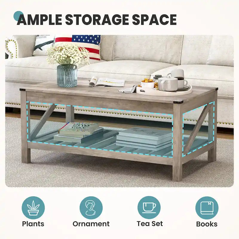 Table basse de salon avec étagère de rangement, Table centrale de canapé - 102 cm (L) x 56 cm (P) x 46 cm (H)