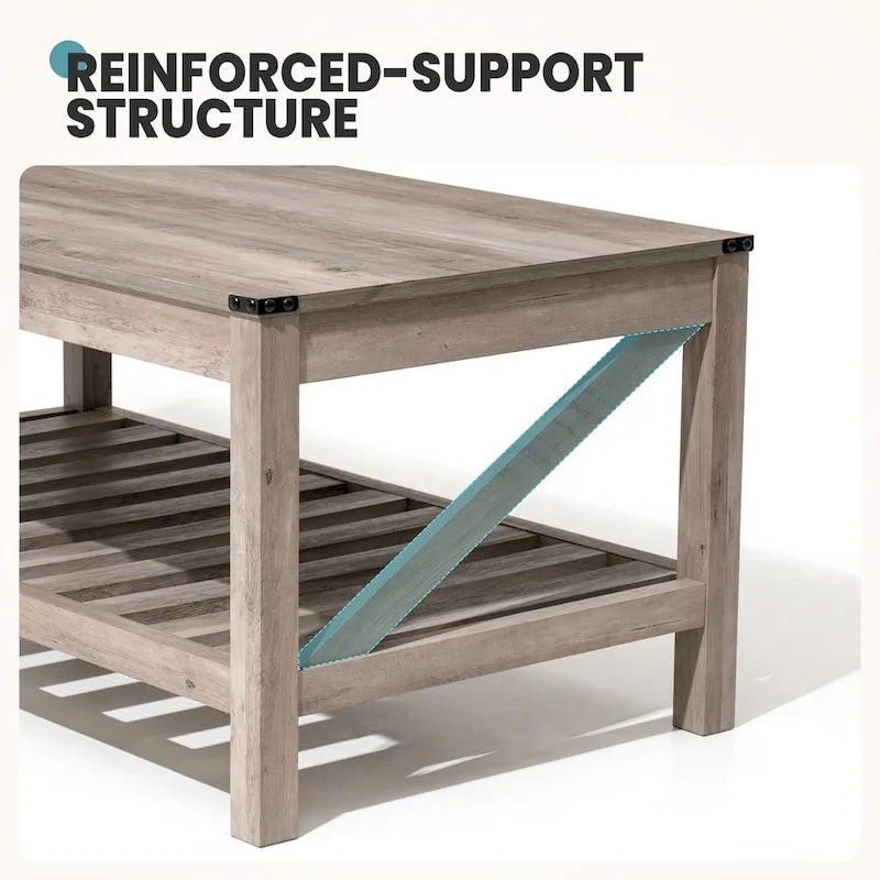 Table basse de salon avec étagère de rangement, Table centrale de canapé - 102 cm (L) x 56 cm (P) x 46 cm (H)