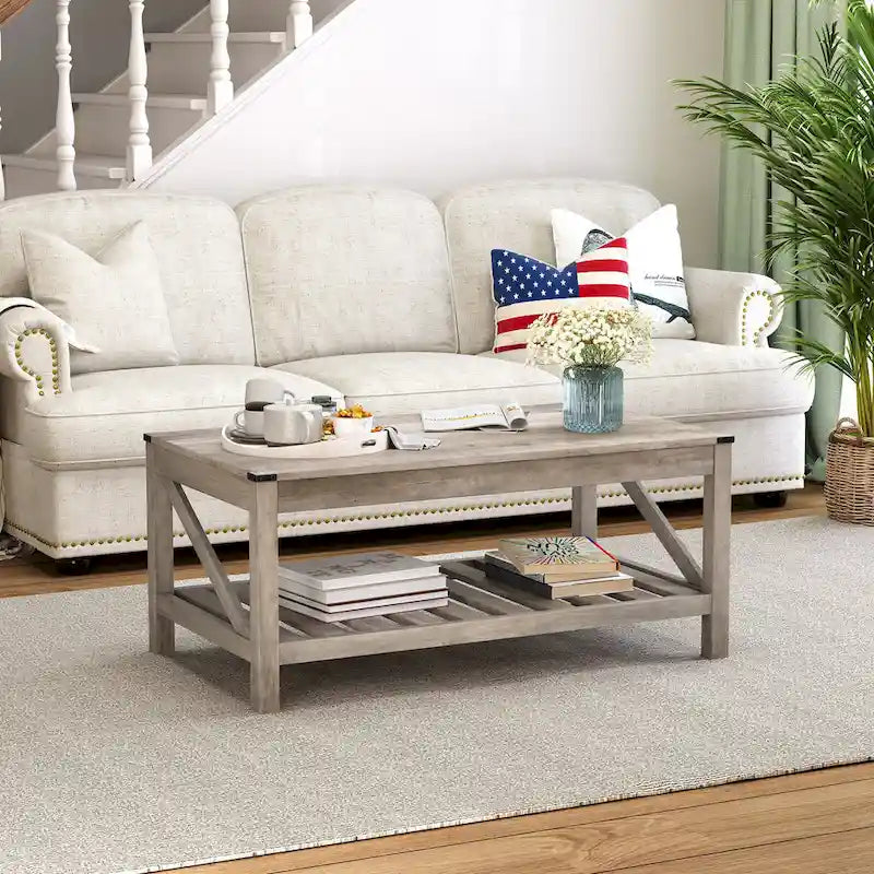 Table basse de salon avec étagère de rangement, Table centrale de canapé - 102 cm (L) x 56 cm (P) x 46 cm (H)