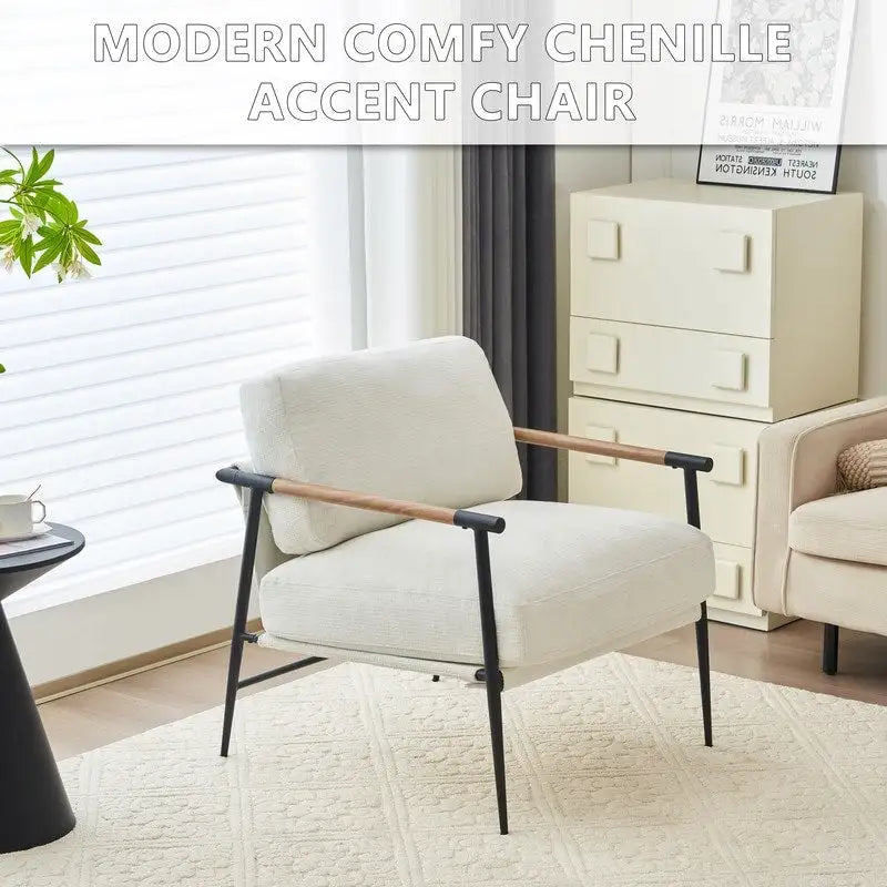 Fauteuils d'appoint Fauteuil blanc Chenille pour salon Fauteuil moderne du milieu du siècle Pieds en métal Placage Accoudoir en métal