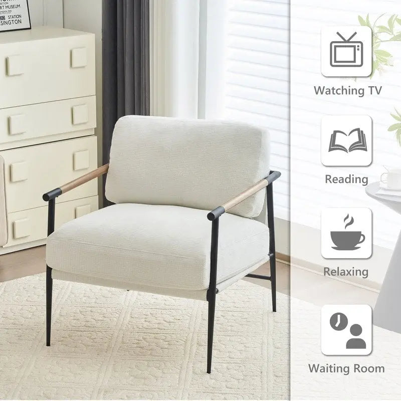 Fauteuils d'appoint Fauteuil blanc Chenille pour salon Fauteuil moderne du milieu du siècle Pieds en métal Placage Accoudoir en métal