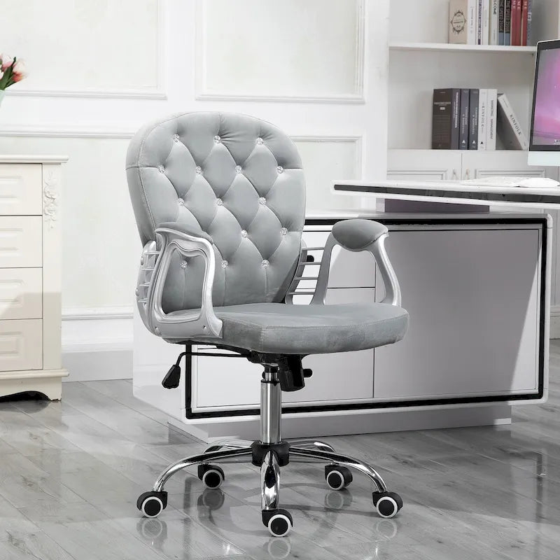 Chaise de bureau Vanity à dossier mi-hauteur capitonné, pivotante avec roulettes et accoudoirs réglables en hauteur