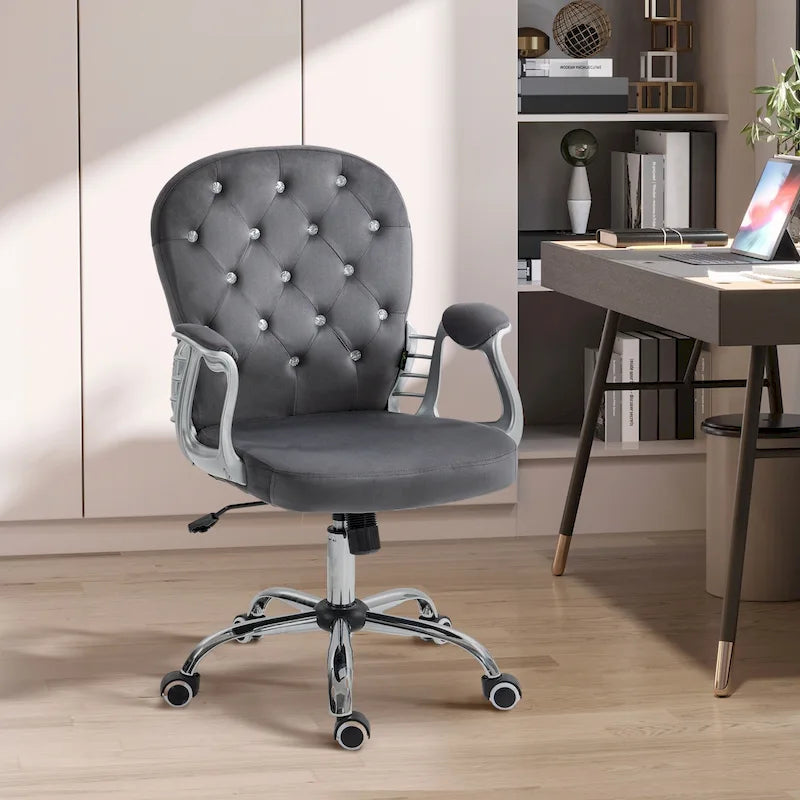 Chaise de bureau Vanity à dossier mi-hauteur capitonné, pivotante avec roulettes et accoudoirs réglables en hauteur