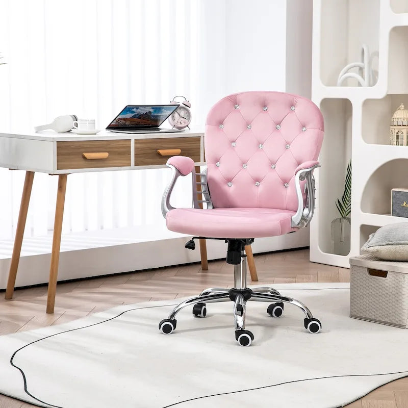Chaise de bureau Vanity à dossier mi-hauteur capitonné, pivotante avec roulettes et accoudoirs réglables en hauteur