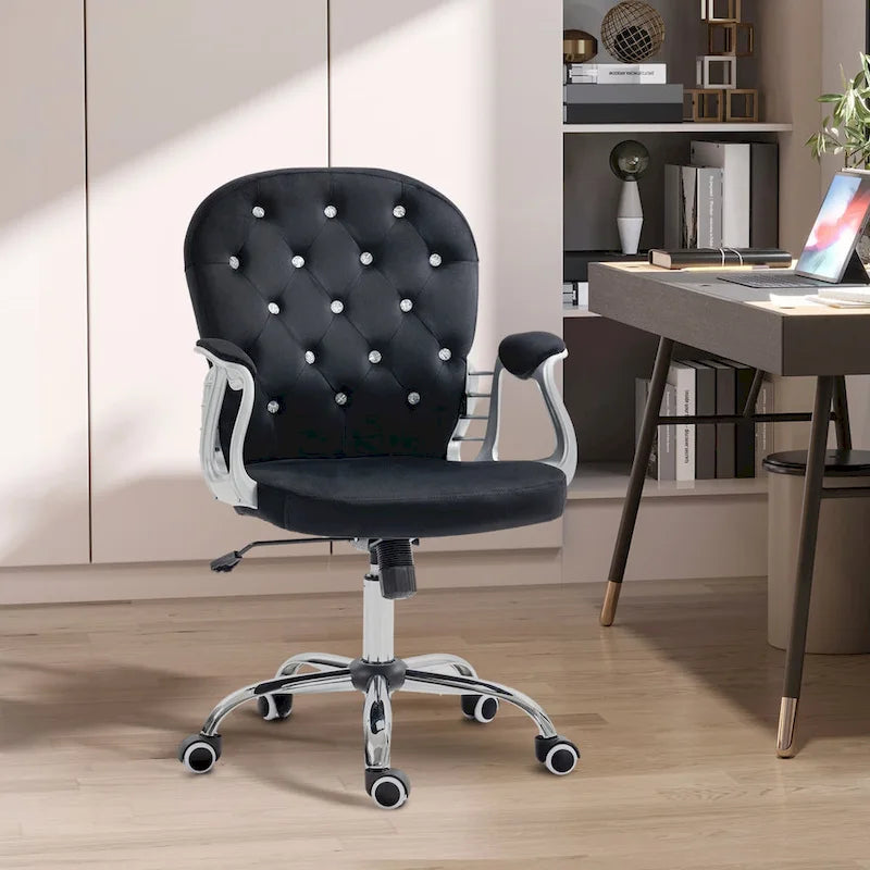 Chaise de bureau Vanity à dossier mi-hauteur capitonné, pivotante avec roulettes et accoudoirs réglables en hauteur