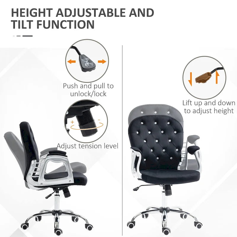 Chaise de bureau Vanity à dossier mi-hauteur capitonné, pivotante avec roulettes et accoudoirs réglables en hauteur