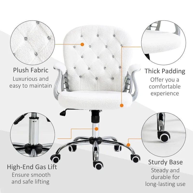 Chaise de bureau Vanity à dossier mi-hauteur capitonné, pivotante avec roulettes et accoudoirs réglables en hauteur