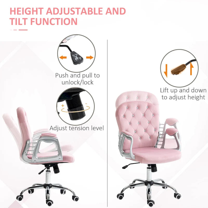 Chaise de bureau Vanity à dossier mi-hauteur capitonné, pivotante avec roulettes et accoudoirs réglables en hauteur