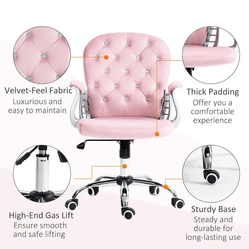 Chaise de bureau Vanity à dossier mi-hauteur capitonné, pivotante avec roulettes et accoudoirs réglables en hauteur
