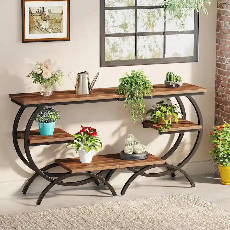 Table d'appoint en C, Table d'appoint industrielle à 3 niveaux, Table de chevet en bois