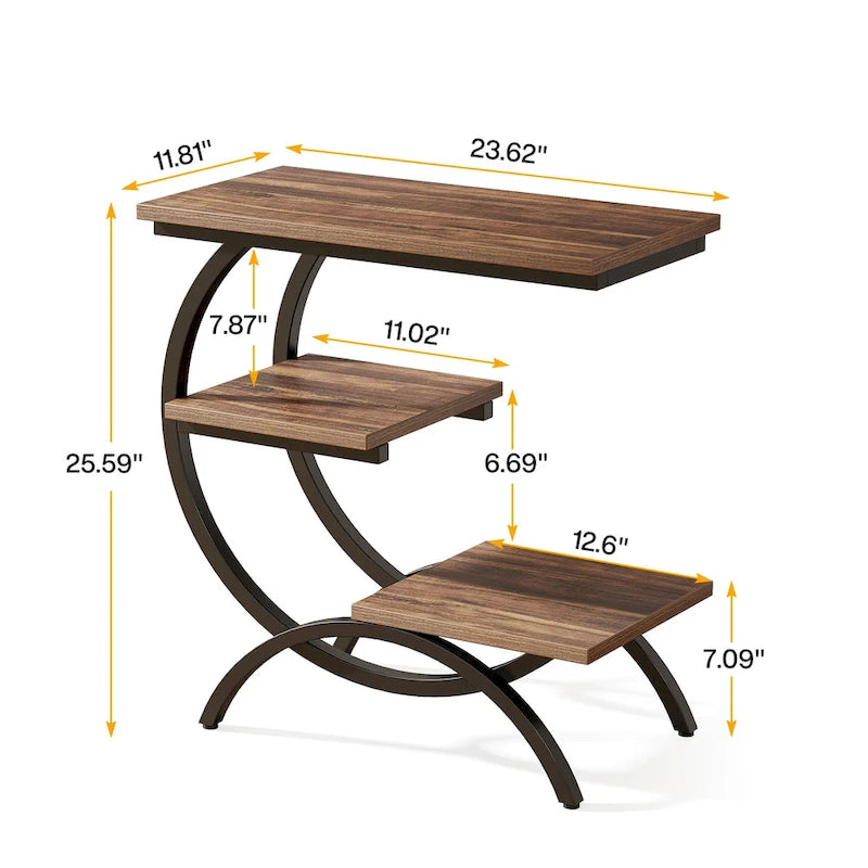 Table d'appoint en C, Table d'appoint industrielle à 3 niveaux, Table de chevet en bois
