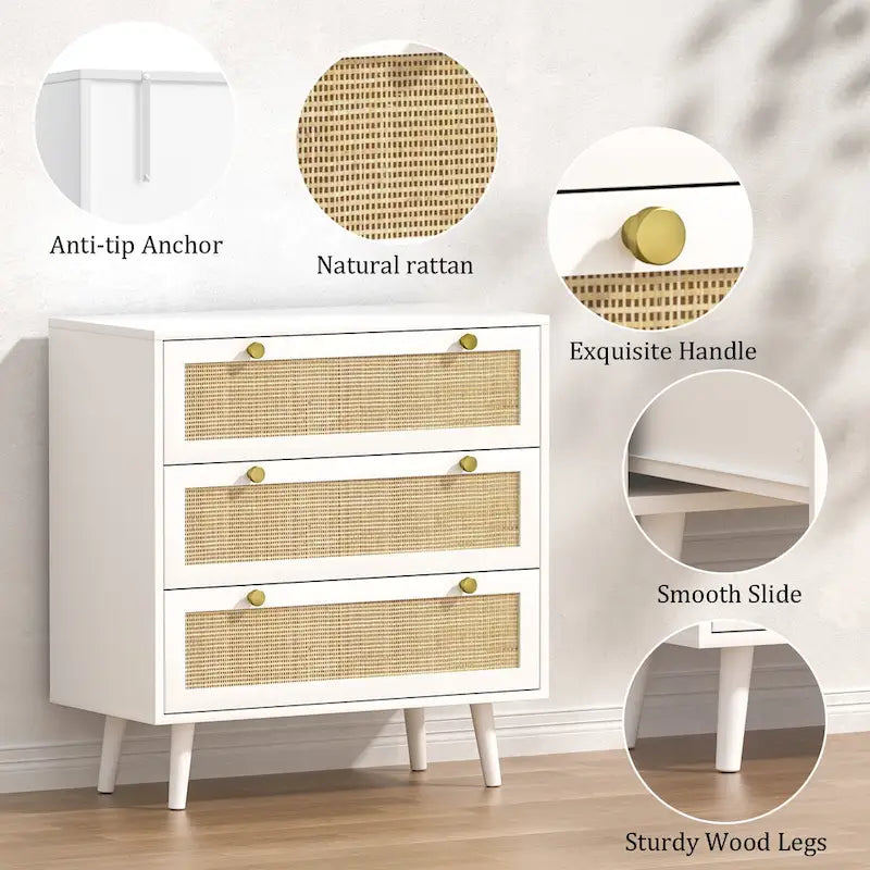 Commode blanche à 3 tiroirs de style Mid-Century Modern en rotin, organisateur de rangement pour chambre à coucher