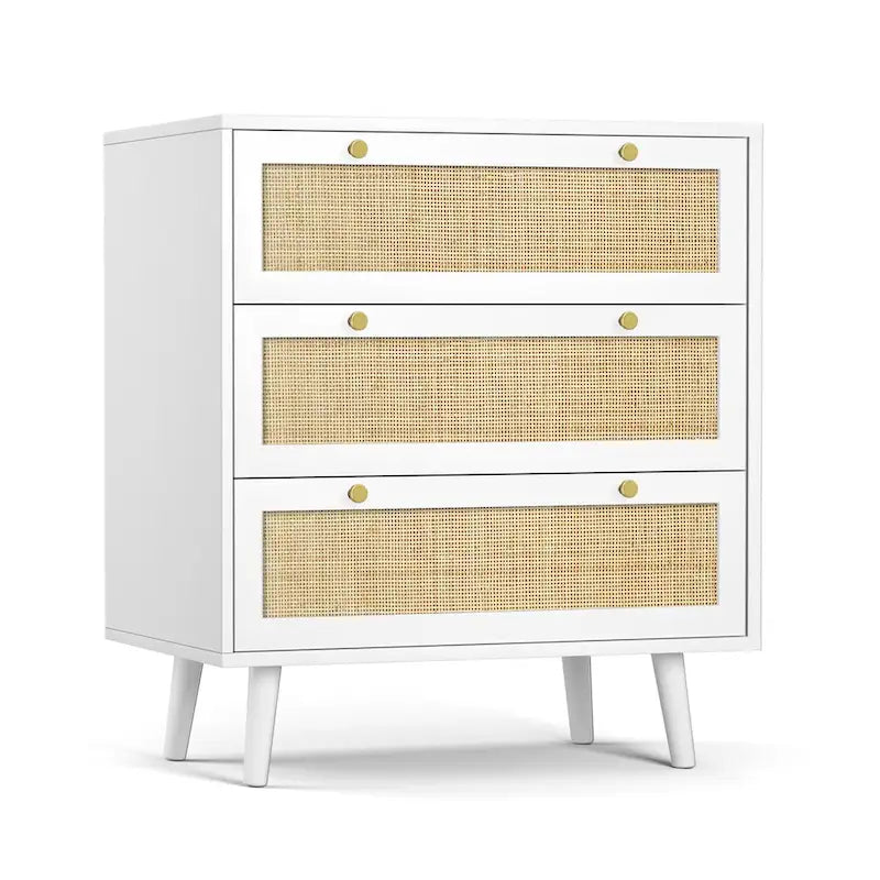 Commode blanche à 3 tiroirs de style Mid-Century Modern en rotin, organisateur de rangement pour chambre à coucher