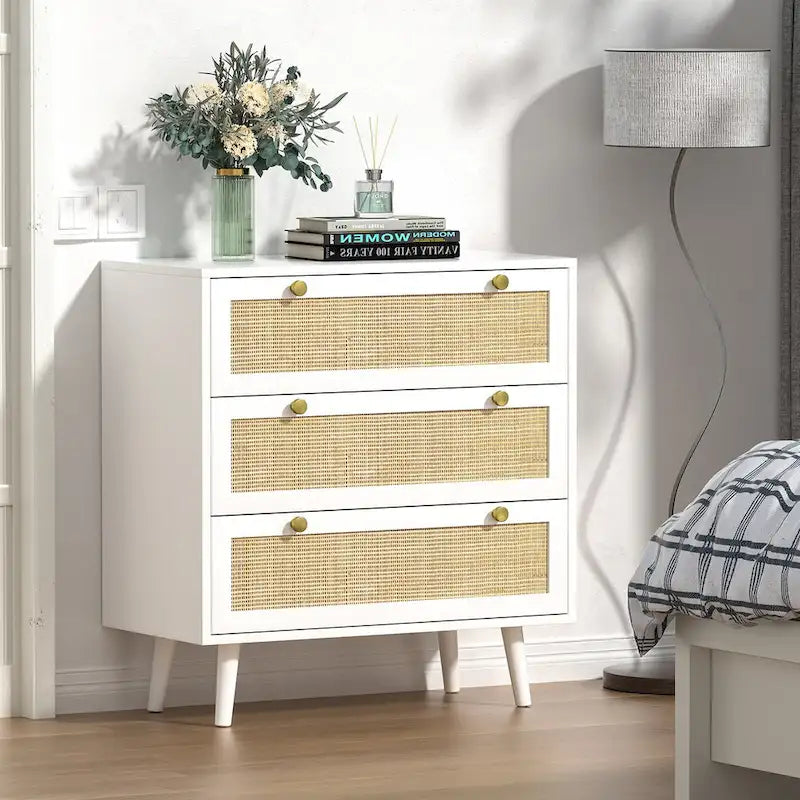 Commode blanche à 3 tiroirs de style Mid-Century Modern en rotin, organisateur de rangement pour chambre à coucher